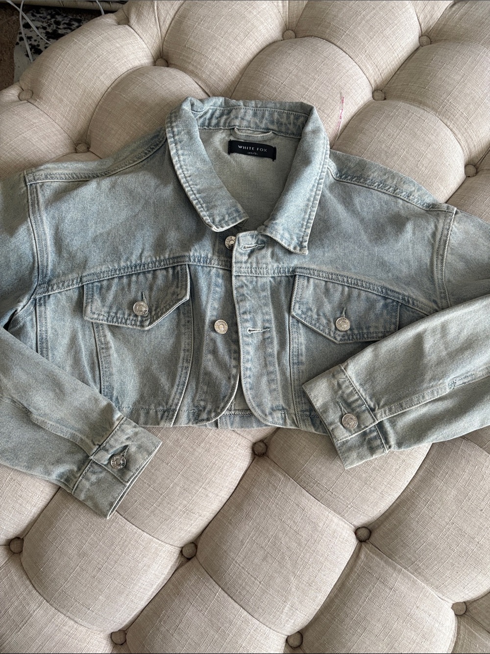 White Fox Boutique Cropped Light Blue Denim Jacket